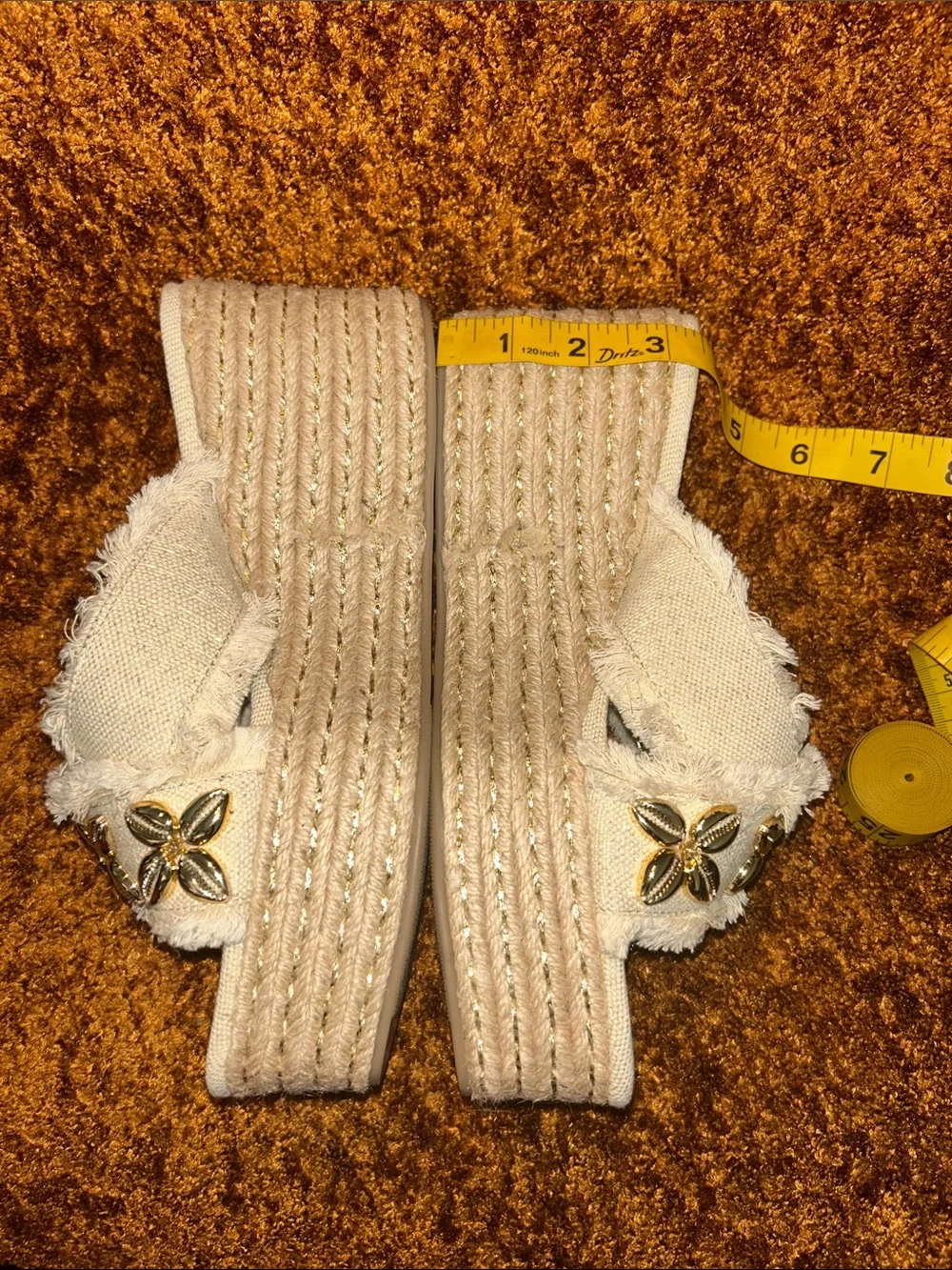 JustFab Cream Frayed Platform Slide Sandals with Gold Floral Accents